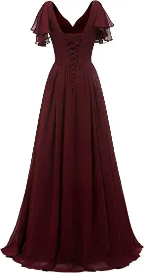 Leaf Sleeve Bridesmaid Dress V Neck Chiffon Long Formal Wedding Evening Dress Y1206 - Image 2