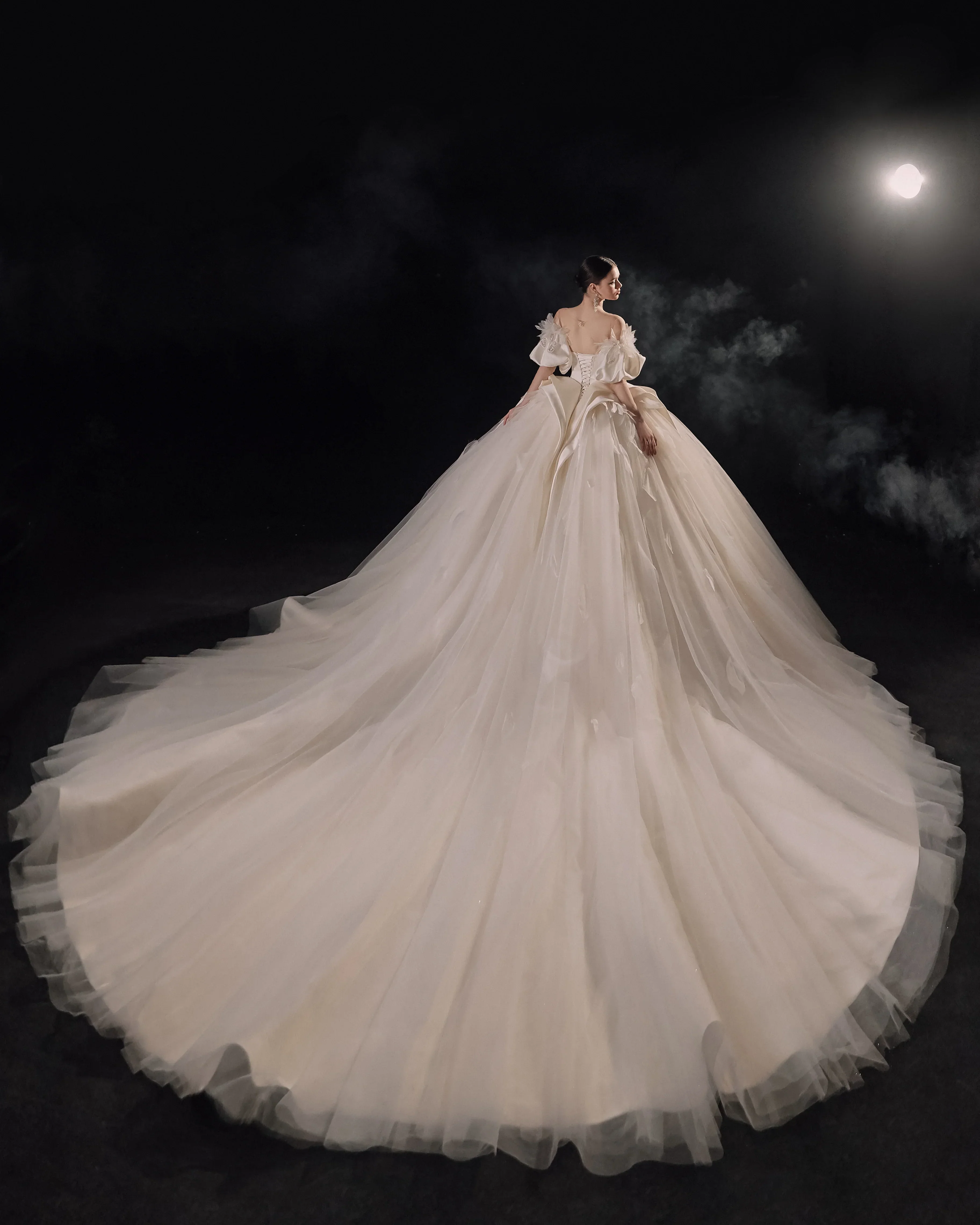 Lavish Sweetheart Ball Gown Satin Puff Sleeve Feather Trim Beaded Wedding Dress with Flowing Train E-302 - Image 10