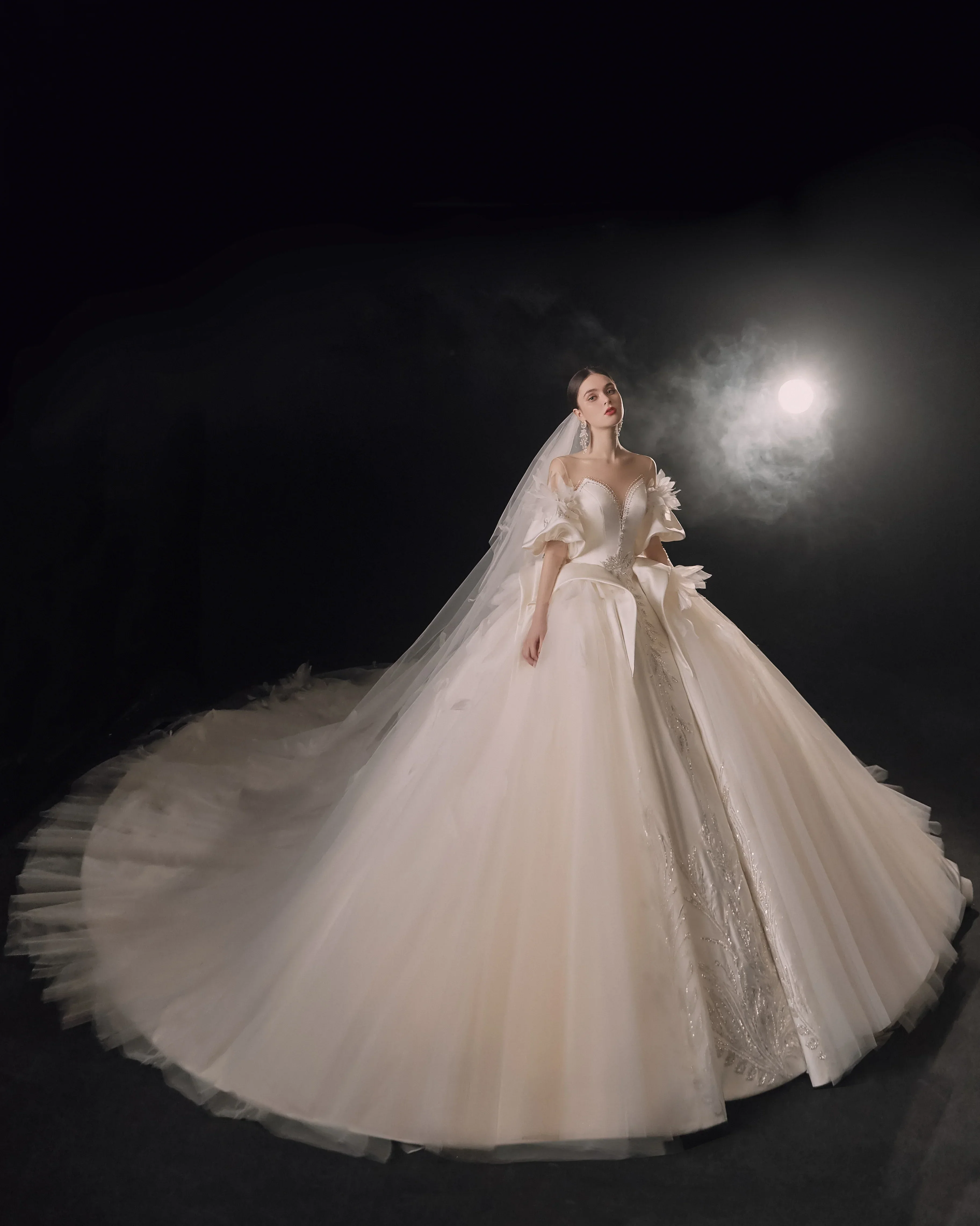 Lavish Sweetheart Ball Gown Satin Puff Sleeve Feather Trim Beaded Wedding Dress with Flowing Train E-302 - Image 2