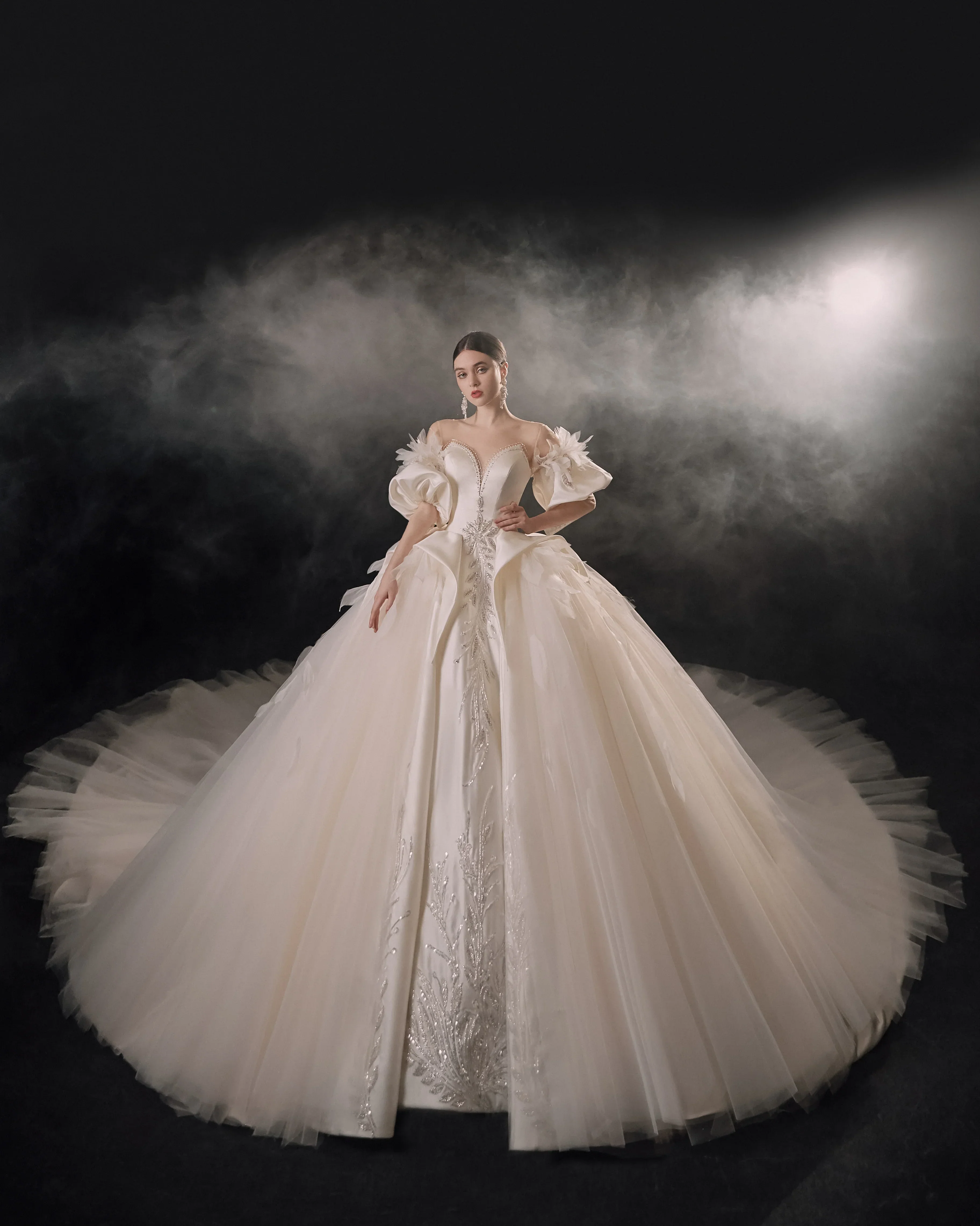 Lavish Sweetheart Ball Gown Satin Puff Sleeve Feather Trim Beaded Wedding Dress with Flowing Train E-302 - Image 3