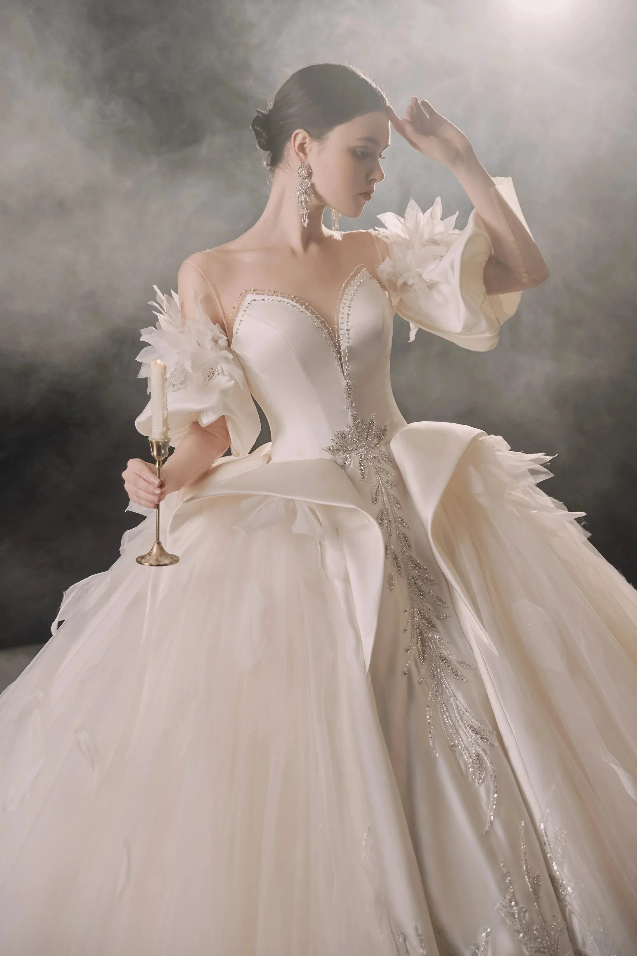 Lavish Sweetheart Ball Gown Satin Puff Sleeve Feather Trim Beaded Wedding Dress with Flowing Train E-302 - Image 6