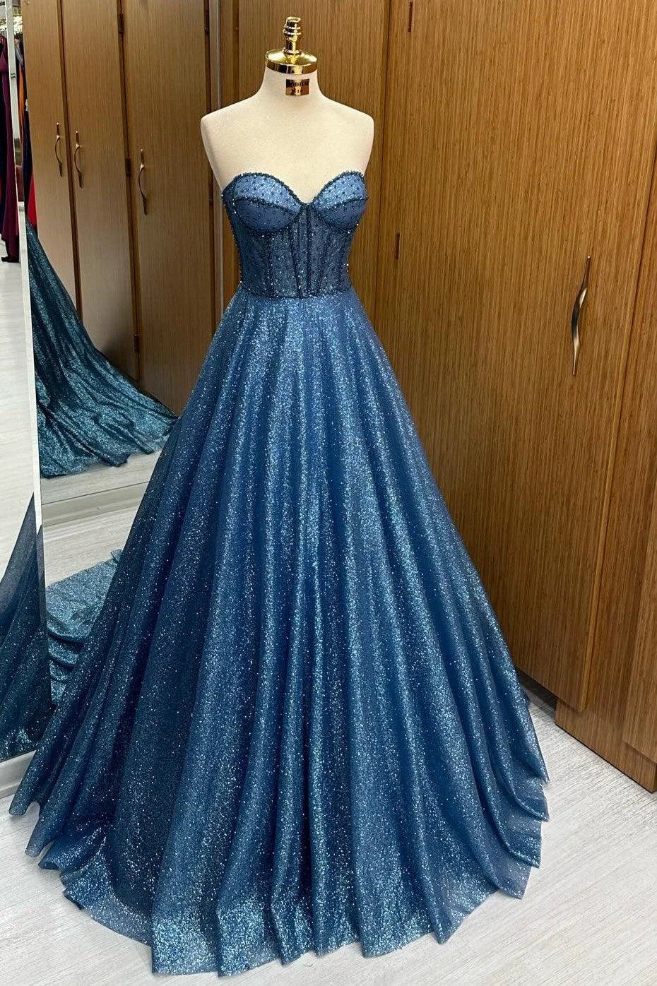Leon | Navy Blue Sequin Beaded Sweetheart A-Line Long Prom Dress - Image 2