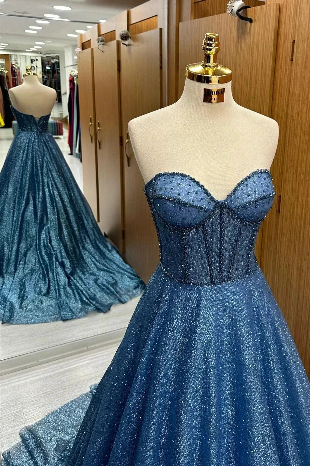 Leon | Navy Blue Sequin Beaded Sweetheart A-Line Long Prom Dress - Image 3