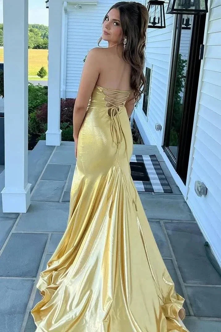 Leroy | Mermaid Yellow V-Neck Metallic Long Prom Dresses with Slit - Image 2