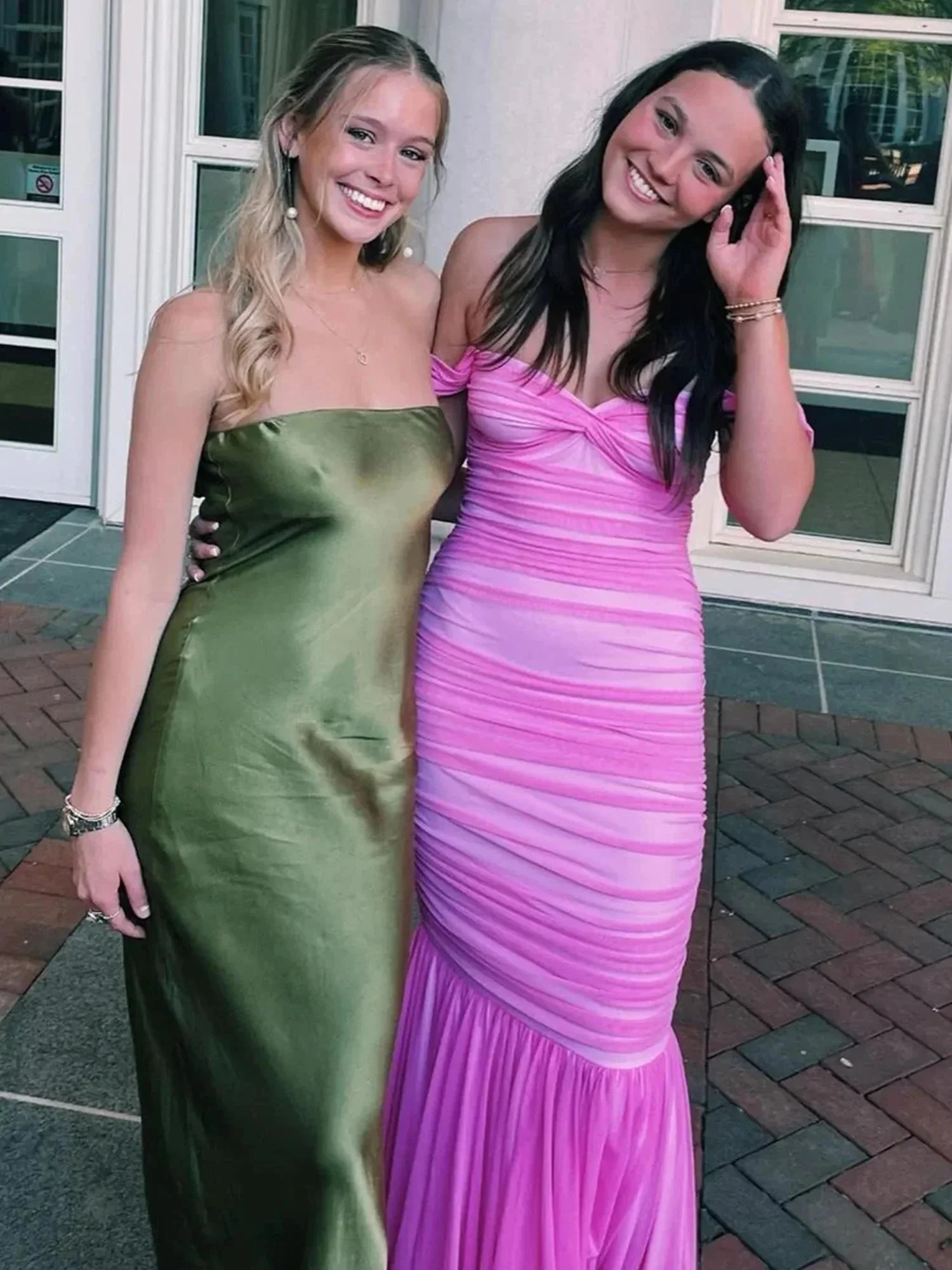 Sadia | Off Shoulder Pink Ruched Long Prom Dress with Ruffle Hem - Image 2