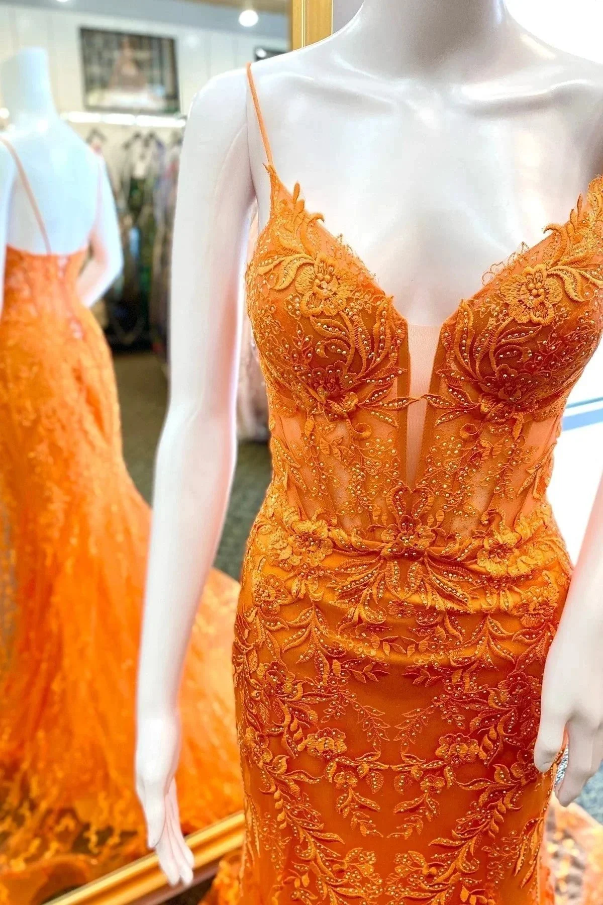 Lesha | Orange Lace Spaghetti Straps Mermaid Long Formal Dress - Image 2