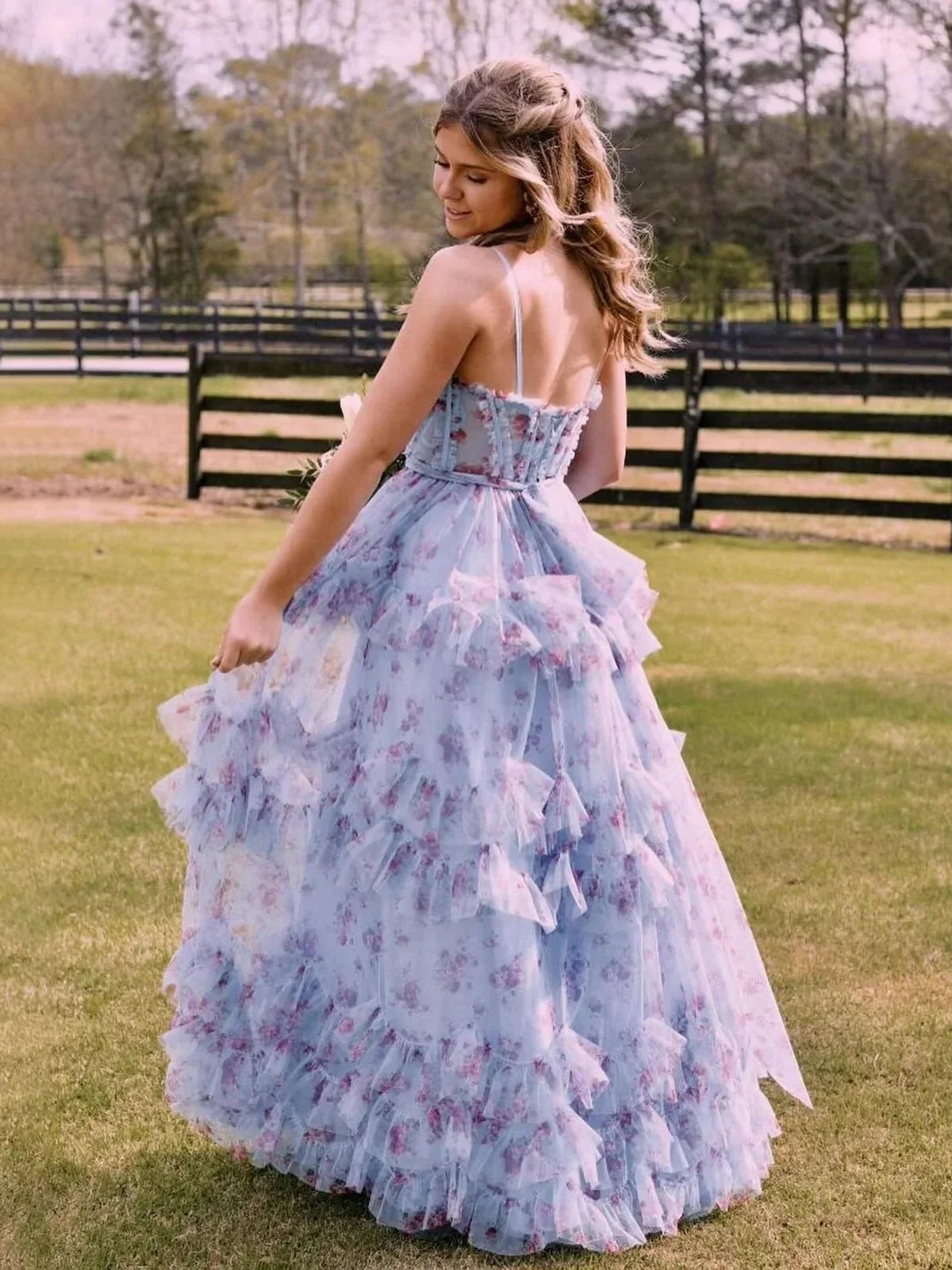 Leslie | A-Line Blue Floral Corset Tulle Ruffles Long Prom Dresses - Image 2