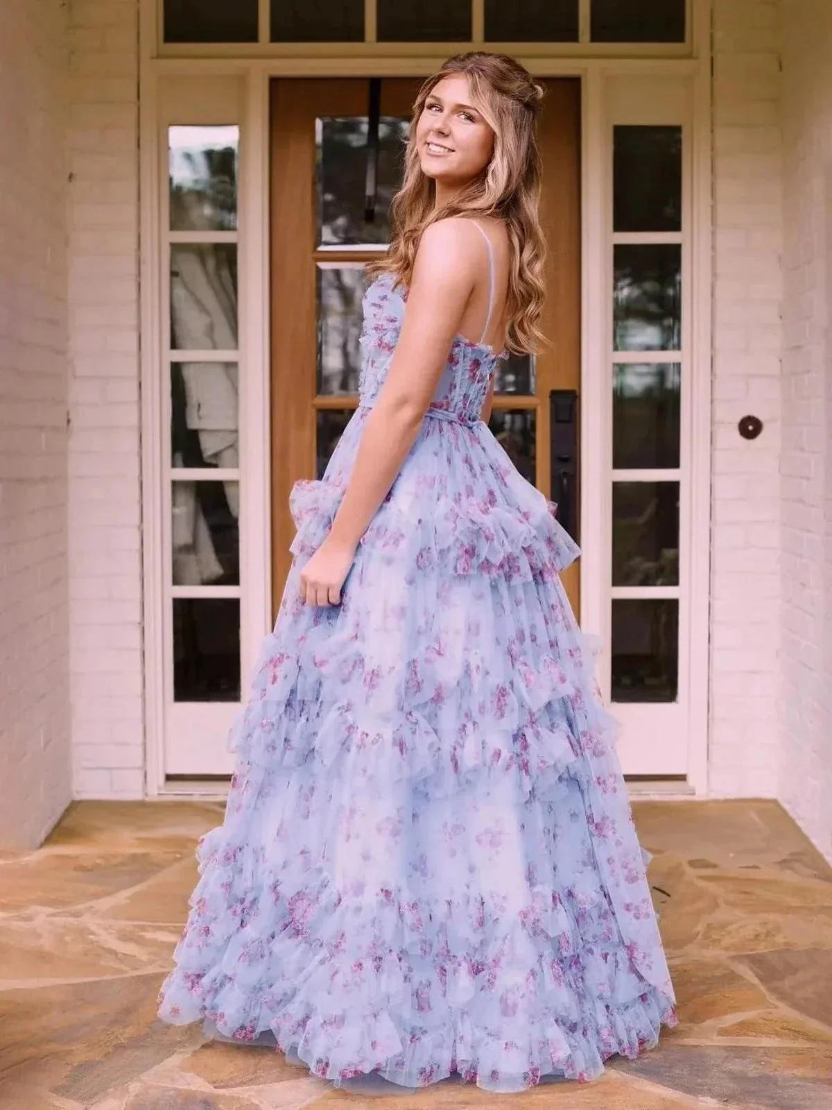 Leslie | A-Line Blue Floral Corset Tulle Ruffles Long Prom Dresses - Image 3