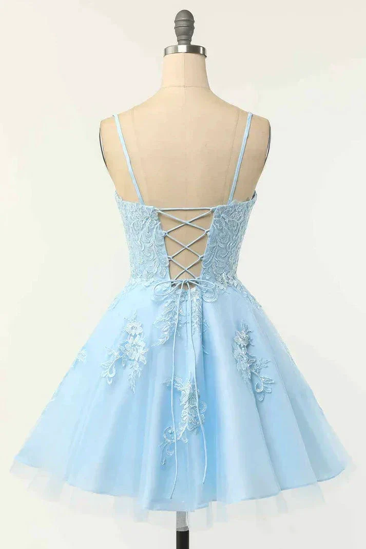 Light Blue A-line Spaghetti Straps Lace-Up Back Applique Mini Homecoming Dress Y2417 - Image 2