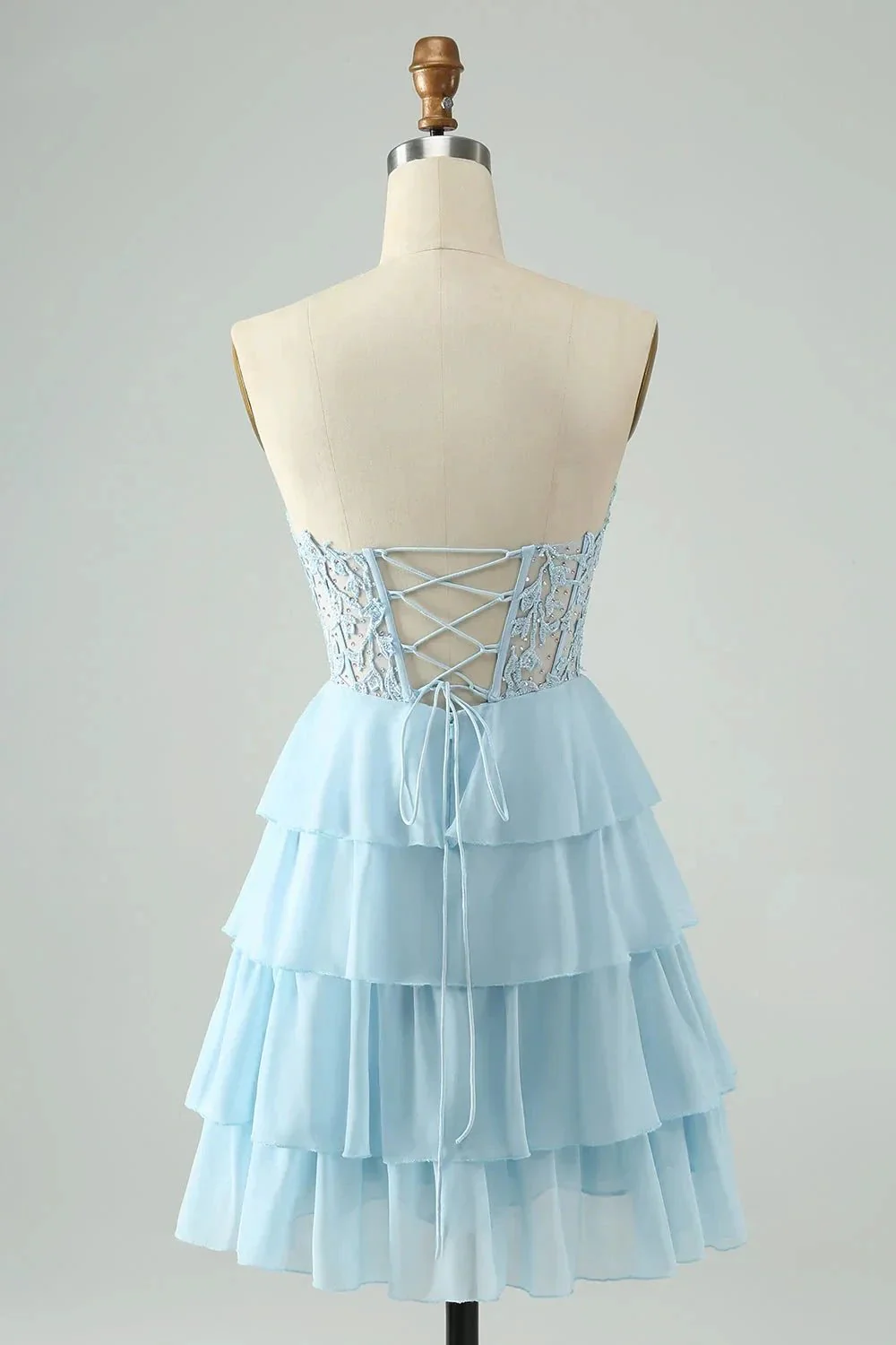 A Line Sweetheart Tiered Light Blue Short Homecoming Dress with Appliques - Image 2