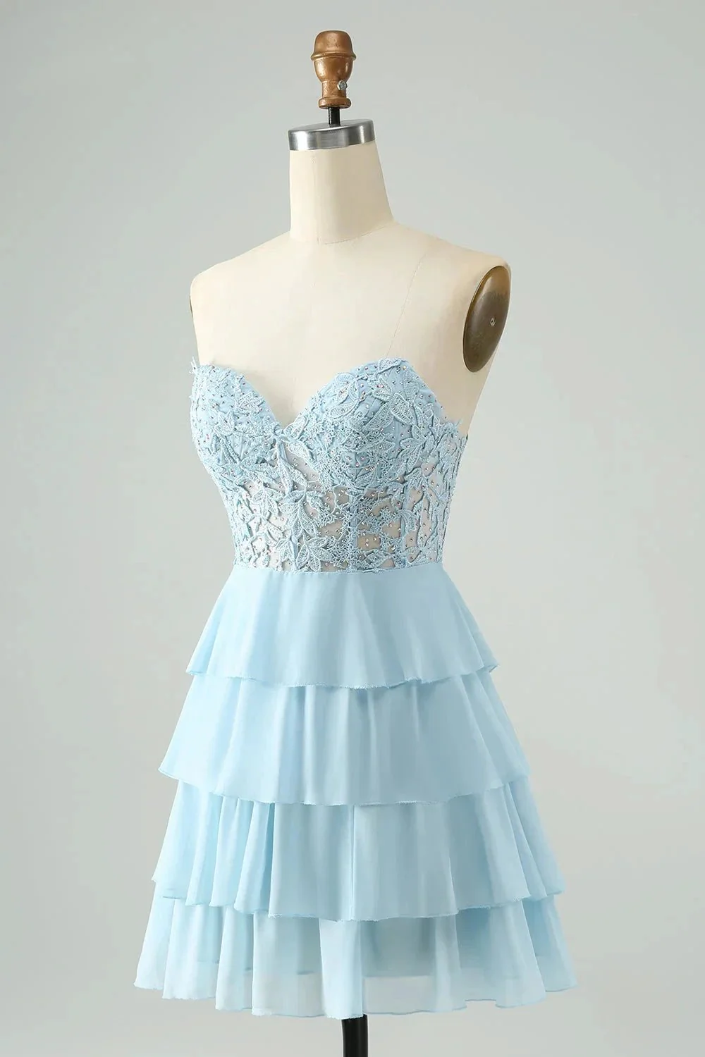 A Line Sweetheart Tiered Light Blue Short Homecoming Dress with Appliques - Image 3
