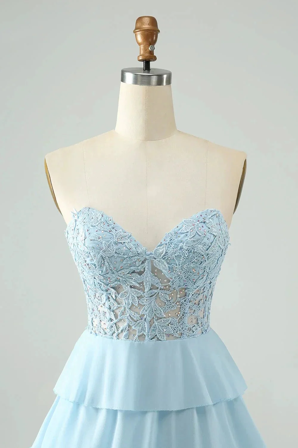 A Line Sweetheart Tiered Light Blue Short Homecoming Dress with Appliques - Image 4