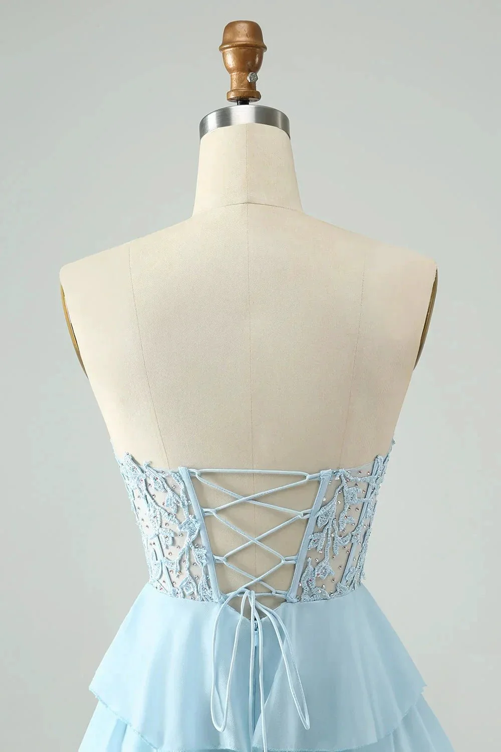 A Line Sweetheart Tiered Light Blue Short Homecoming Dress with Appliques - Image 5