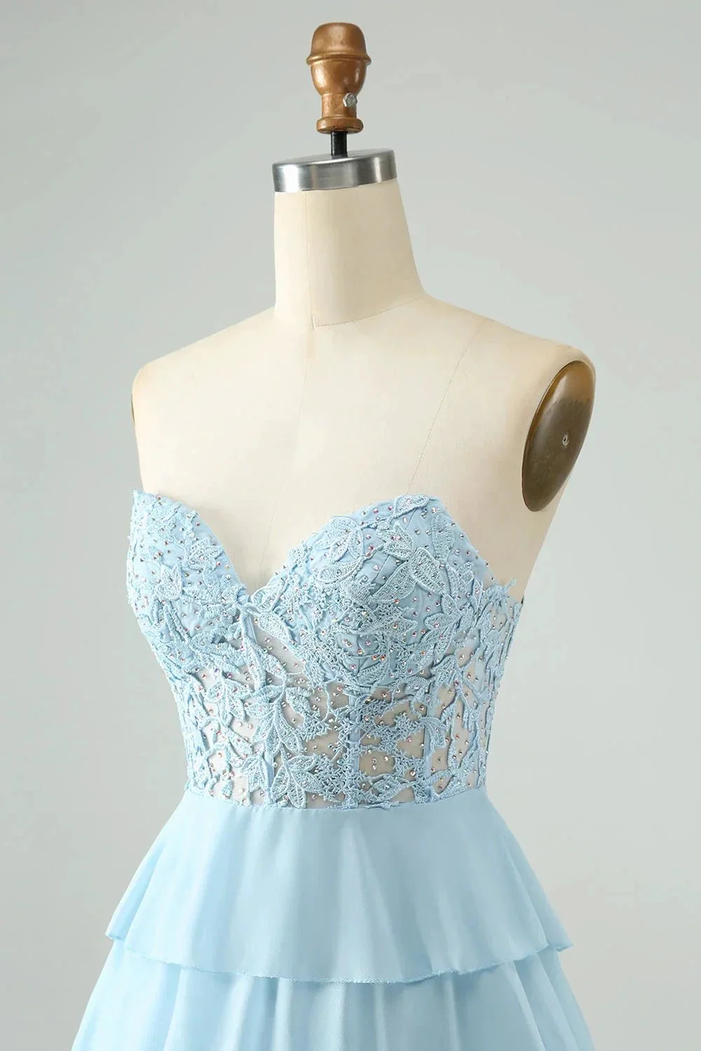 A Line Sweetheart Tiered Light Blue Short Homecoming Dress with Appliques - Image 6