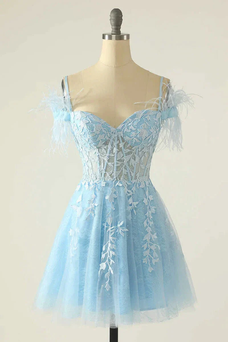 Light Blue Appliques Cold-Shoulder A-Line Short Homecoming Dress Y2672 - Image 2