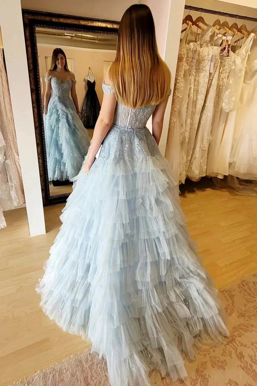 Oaklyn | Light Blue Appliques Off-the-Shoulder Ruffle Tiered Long Prom Dress - Image 2