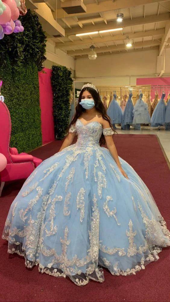 Light blue ball gown with appliques sweet 16 dress Y283 - Image 2