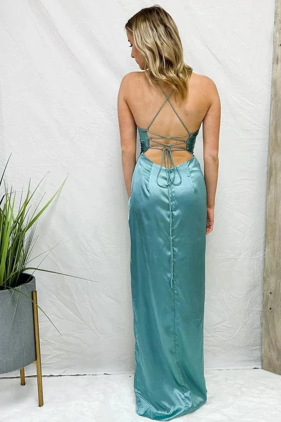 Light Blue Cowl Neck Twist Knot Pleated Long Prom Dress with Slit PSK430 - Image 4