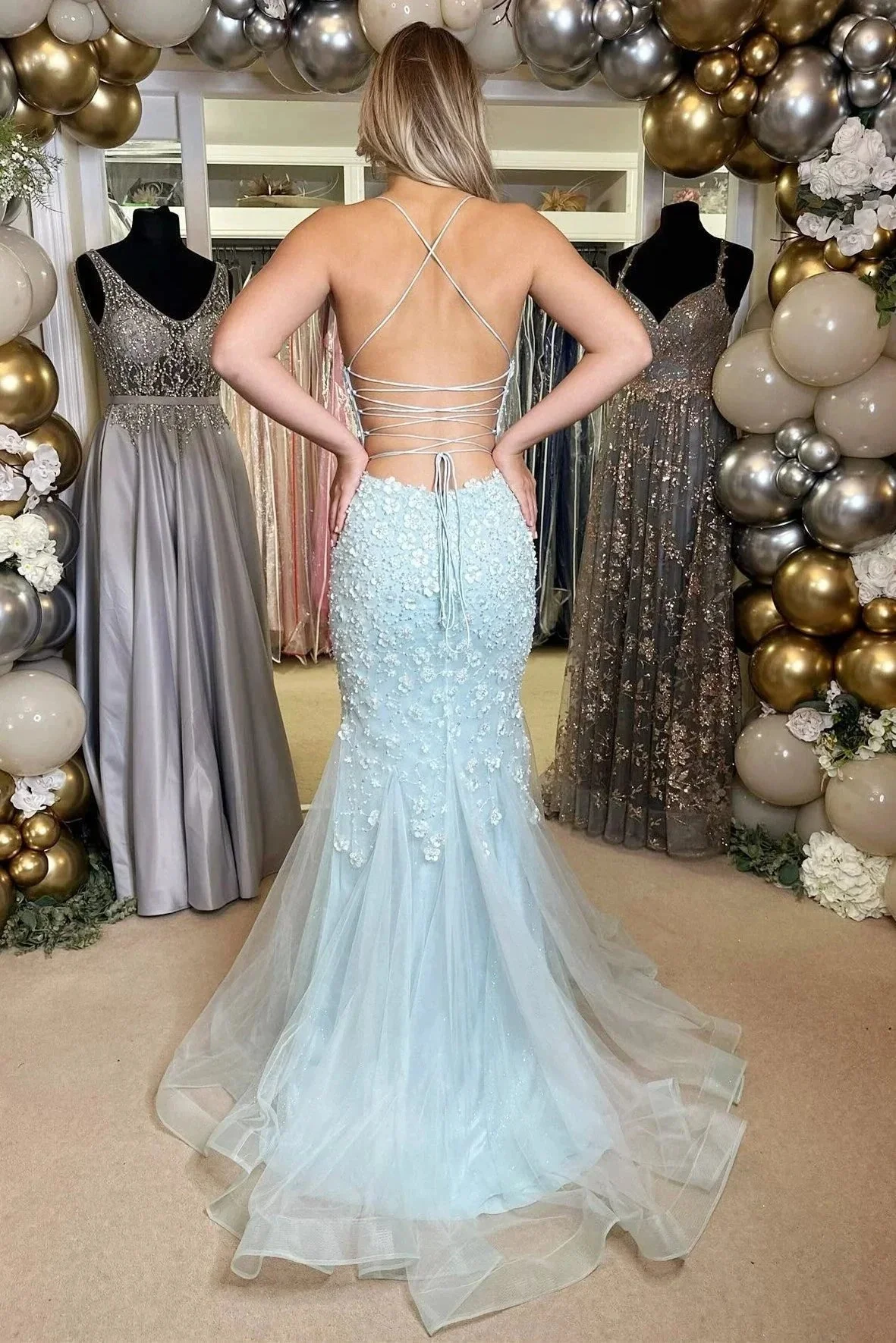 Vada | Light Blue Floral Appliques V-Neck Lace-Up Long Gown - Image 2