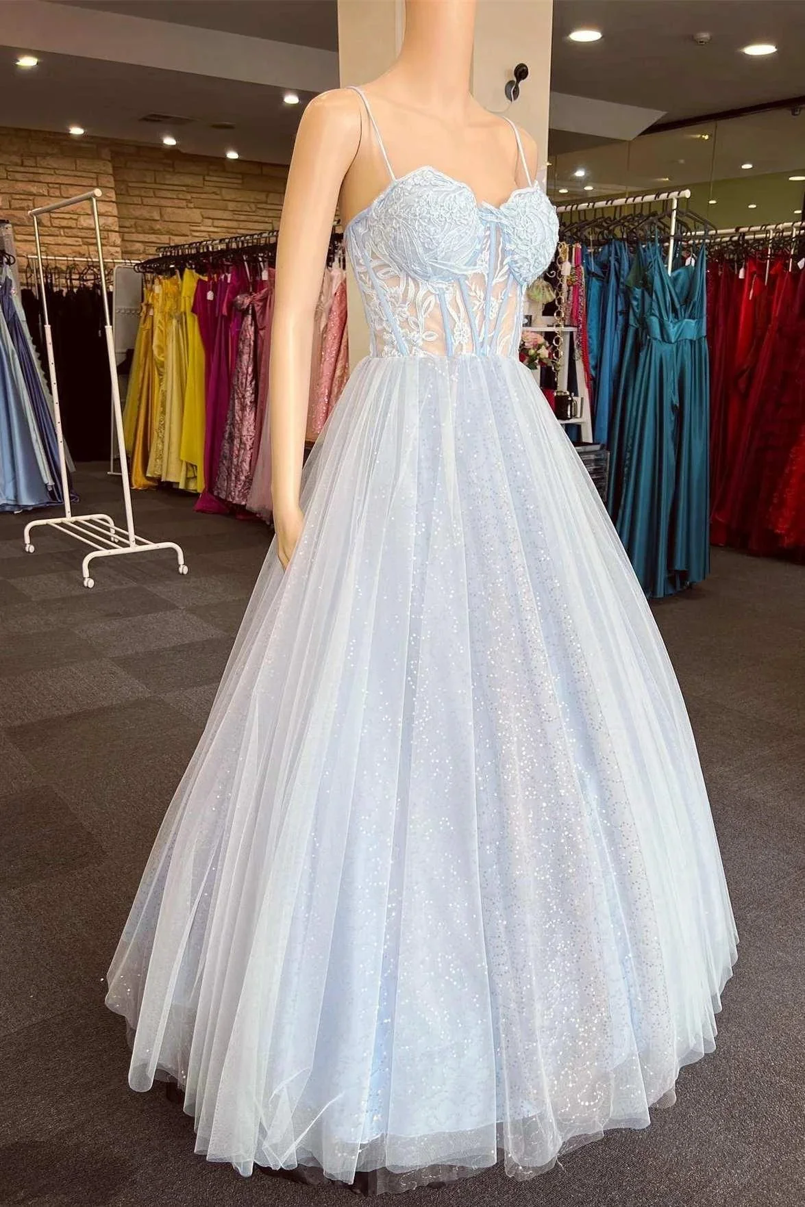 Light Blue Floral Lace Sweetheart A-Line Prom Dress - Image 2