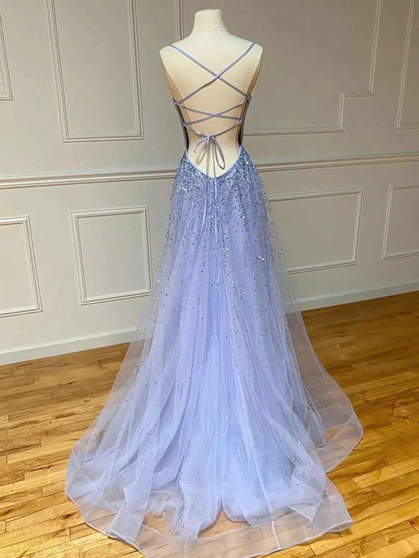 Light Blue Glitter Tulle Long Prom Dress - Image 2