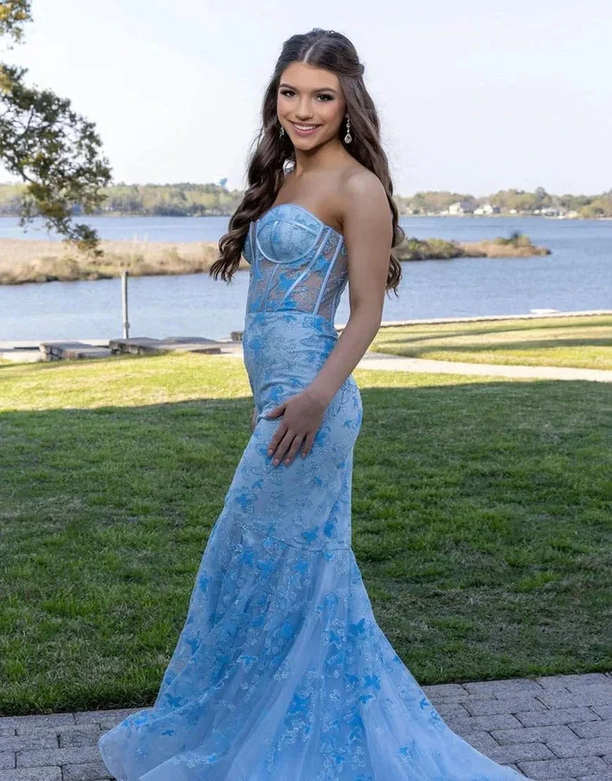 Ruth | Light Blue Gougeous Strapless Long Prom Dress With Appliques - Image 2