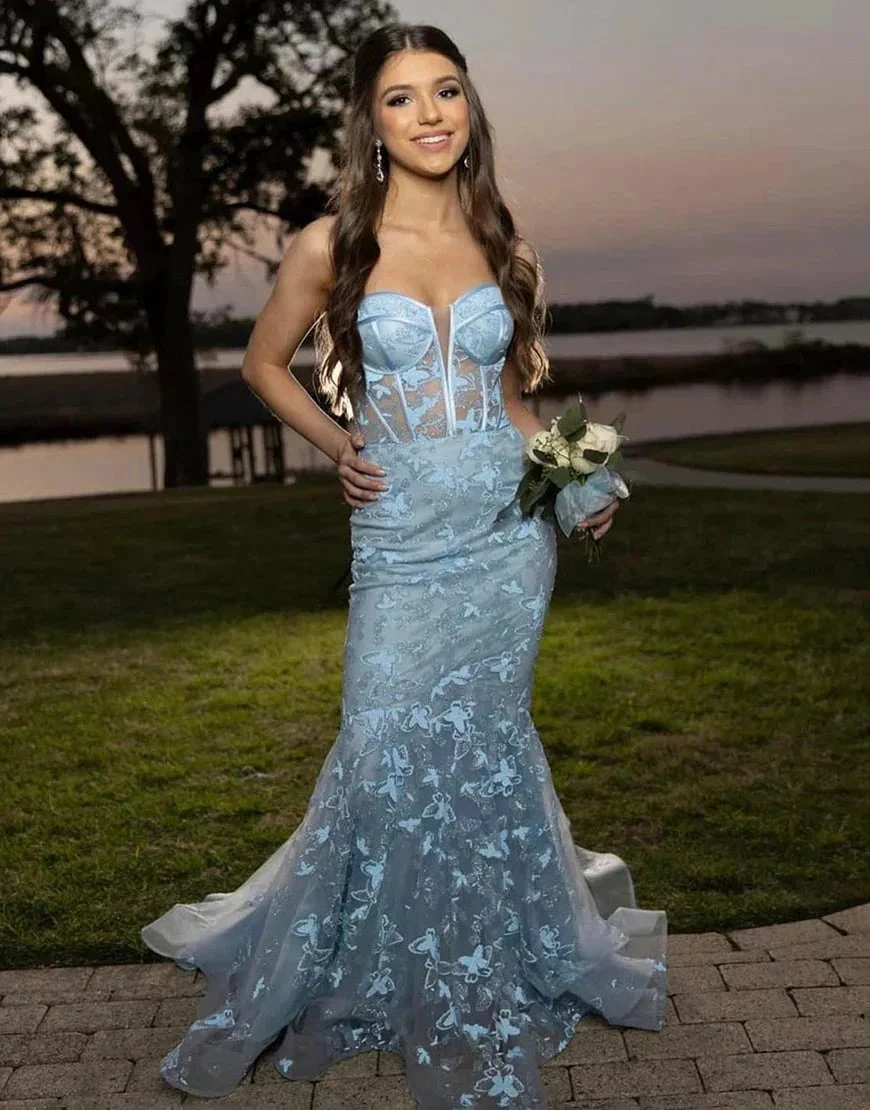 Ruth | Light Blue Gougeous Strapless Long Prom Dress With Appliques - Image 3
