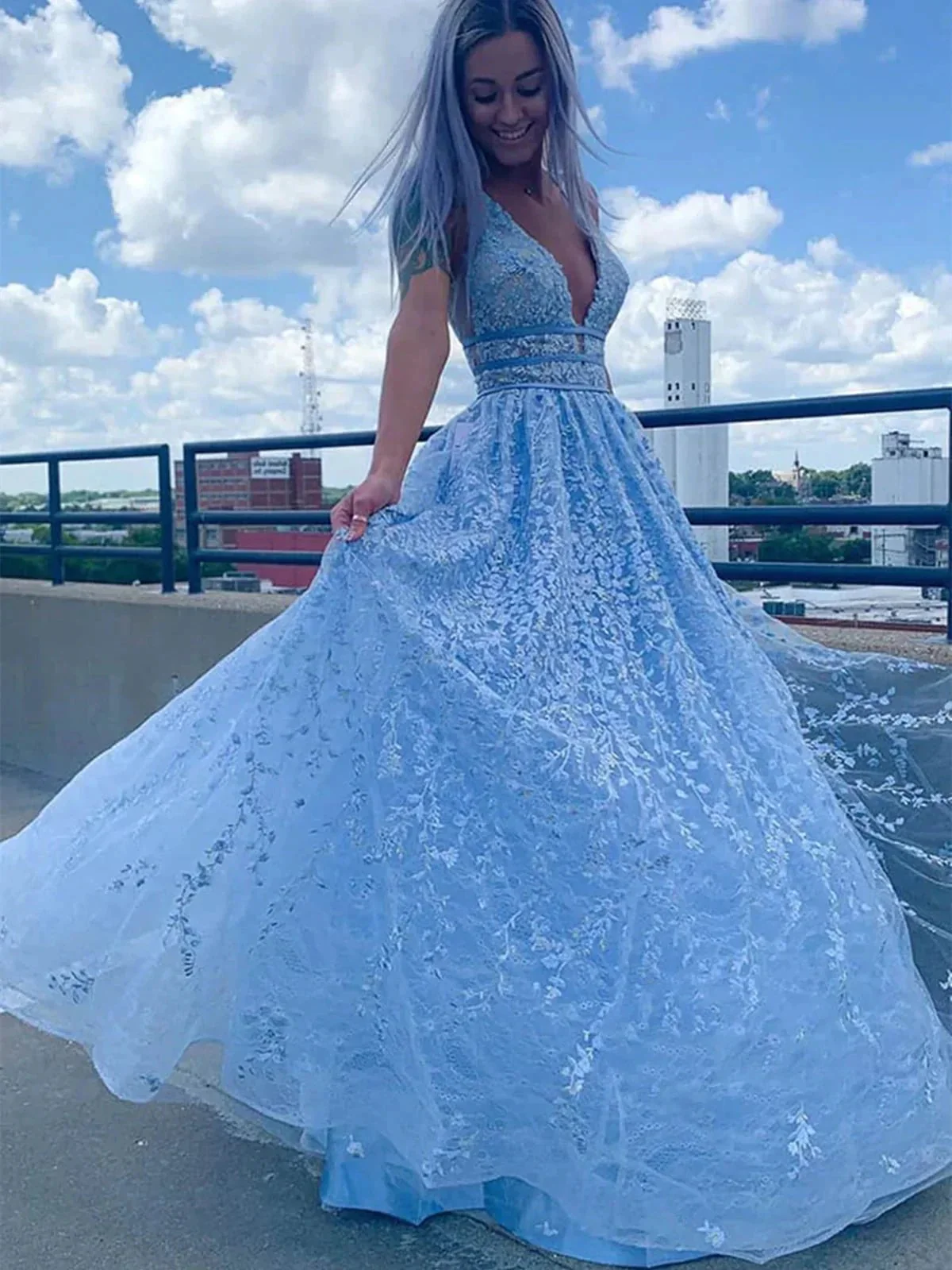Light Blue Long A-line Deep V Neck Tulle Lace Prom Dress with Pockets - Image 3