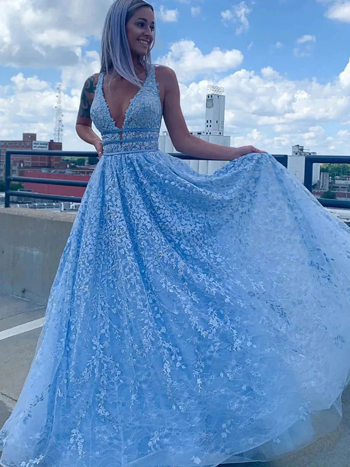 Light Blue Long A-line Deep V Neck Tulle Lace Prom Dress with Pockets - Image 5