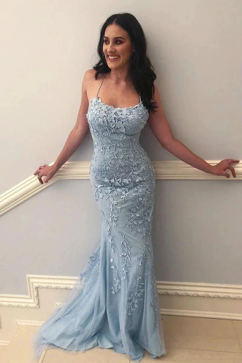 Light Blue Long Lace Open Back Mermaid Prom Dress - Image 3