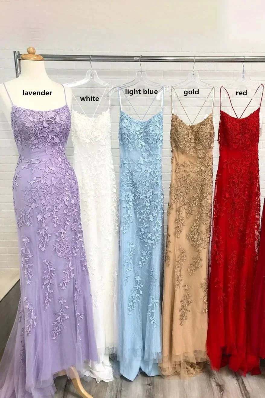 Light Blue Long Lace Open Back Mermaid Prom Dress - Image 4