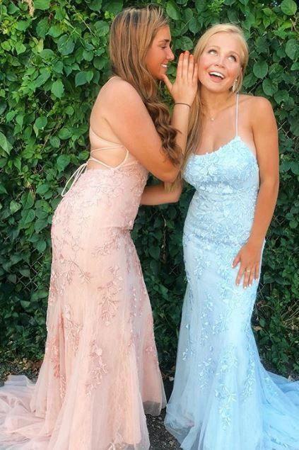 Light Blue Long Lace Open Back Mermaid Prom Dress - Image 5