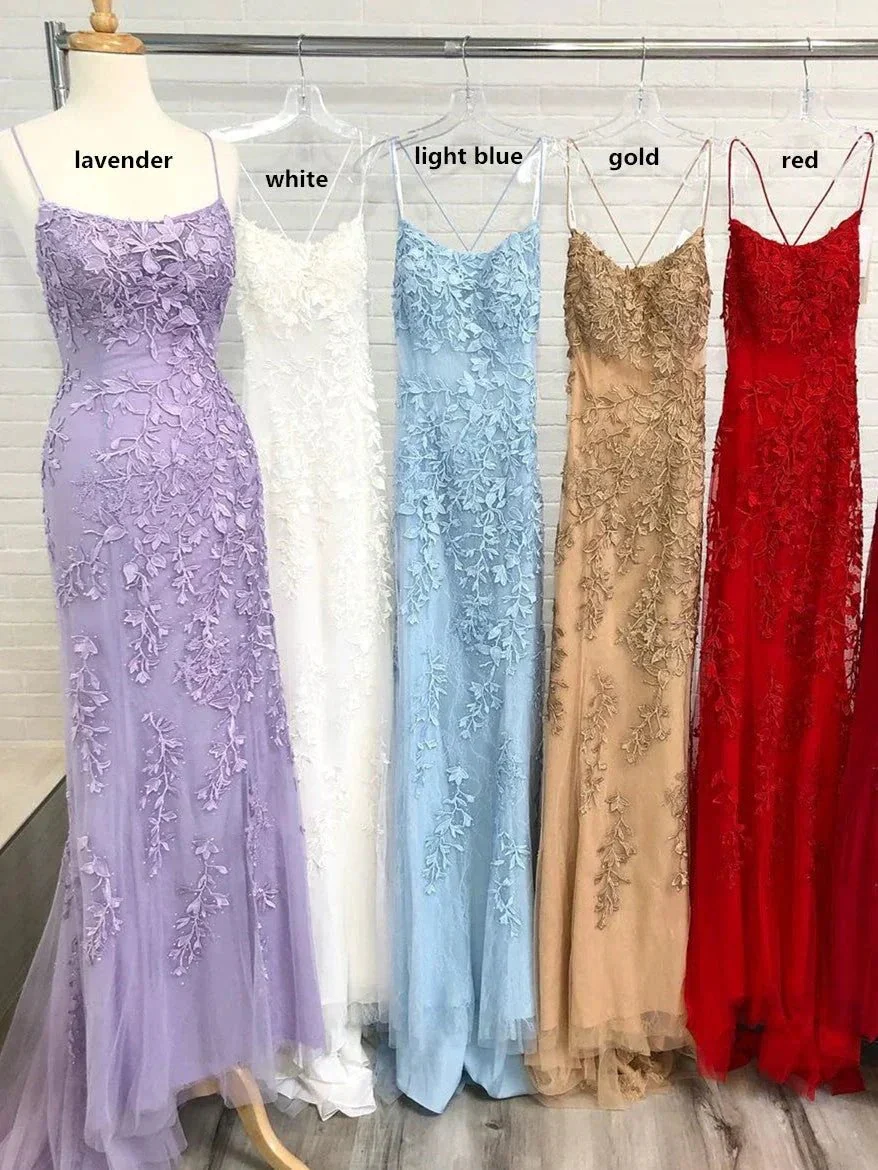 Light Blue Long Lace Open Back Mermaid Prom Dress - Image 6