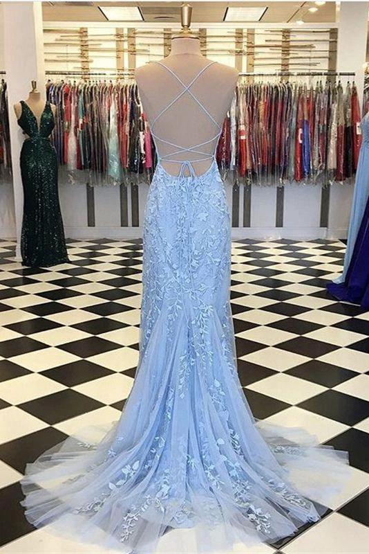 Light Blue Long Lace Open Back Mermaid Prom Dress - Image 8