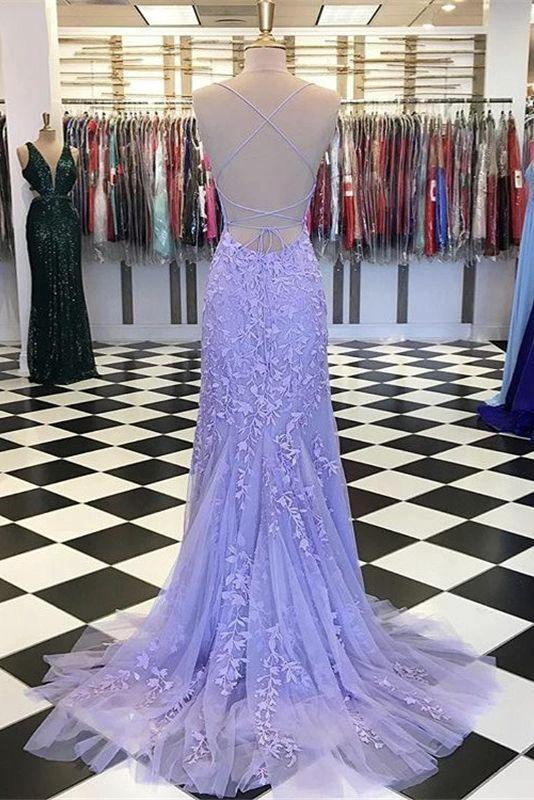 Light Blue Long Lace Open Back Mermaid Prom Dress - Image 9