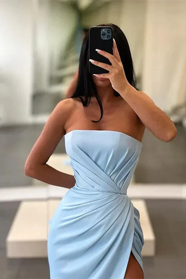 Light Blue Long Mermaid Evening Dress Strapless Split Y370 - Image 2