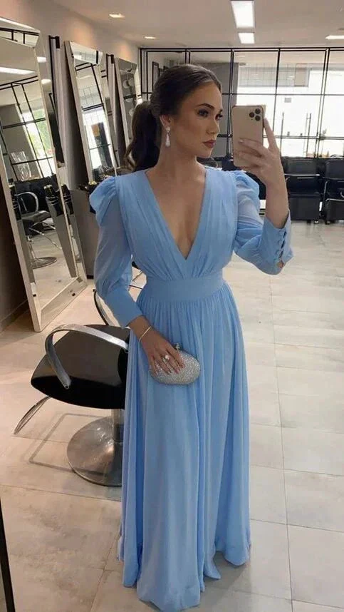 Light Blue Long Sleeve Chiffon Prom Dress Evening Dress Y5747 - Image 2