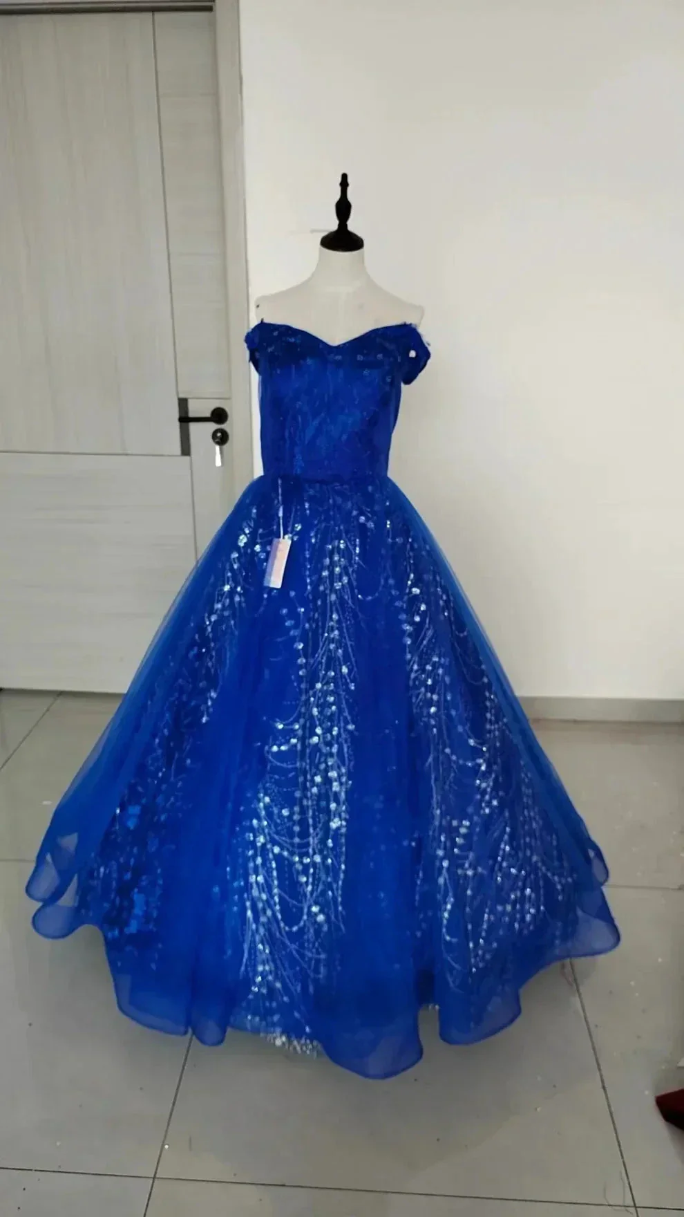 Light Blue Off The Shoulder Tulle Lace Appliques Princess Dresses Glitter Ball Gown Y8129 - Image 3