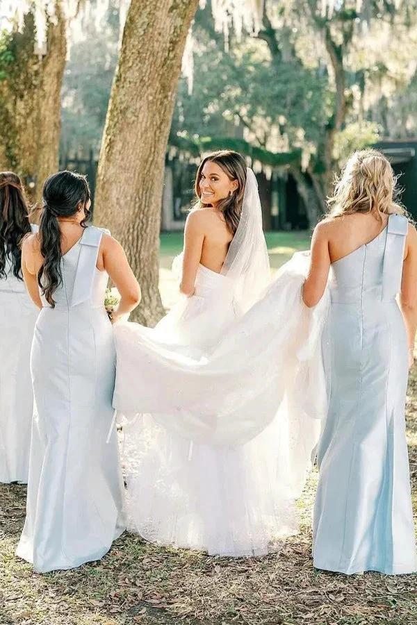 Light Blue One Shoulder Satin Sheath Long Bridesmaid Dress BD133 - Image 2