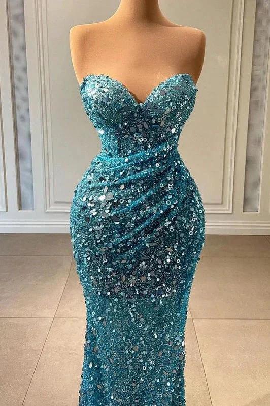 Light Blue Prom Dress with Sweetheart Strapless Neckline Sleeveless Design and Sequin Embellishments - Image 2