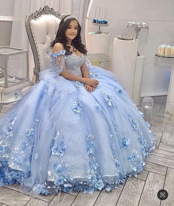 Light Blue Quinceanera Dress Off Shoulder 3D Flowers Beads Puffy Party Princess Sweet 16 Gown,Light Blue Ball Gown Y1088 - Image 2