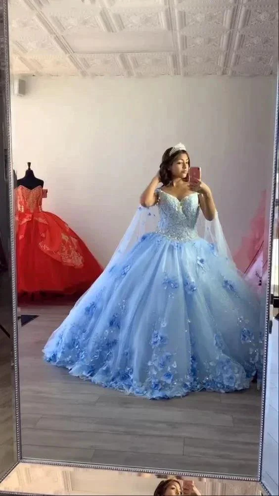 Light Blue Quinceanera Dresses Flowers Ball Gown Off Shoulder Lace Appliques 3d Floral Crystal Beads Long Sleeves Sweet 16 Dress Y759 - Image 2