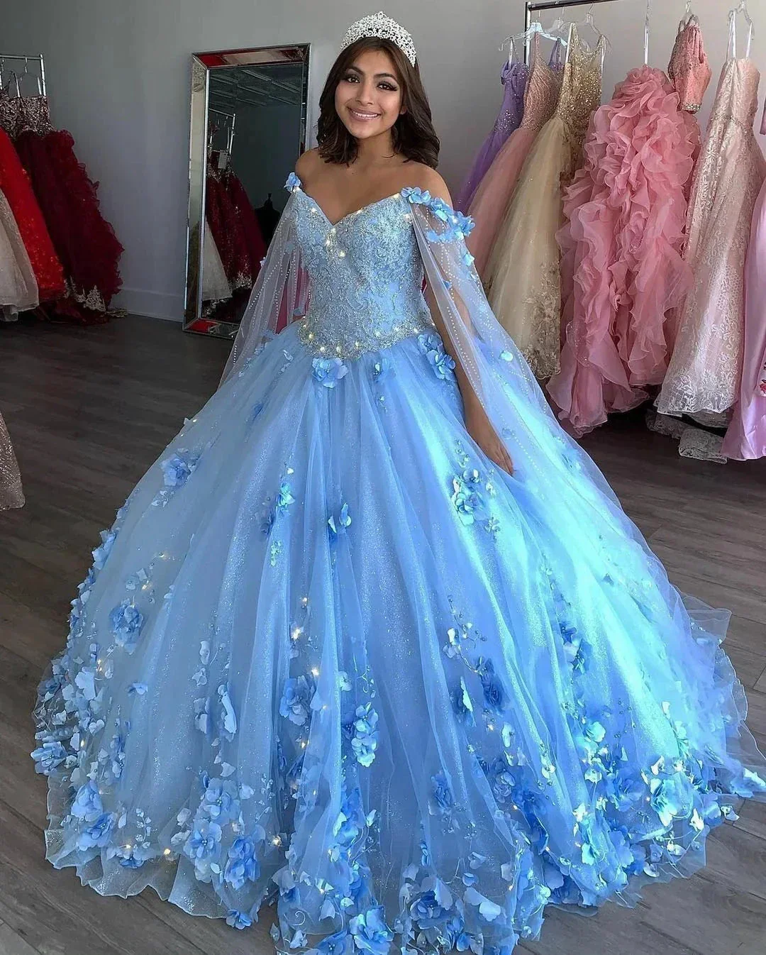 Light Blue Quinceanera Dresses Flowers Ball Gown Off Shoulder Lace Appliques 3d Floral Crystal Beads Long Sleeves Sweet 16 Dress Y759 - Image 3
