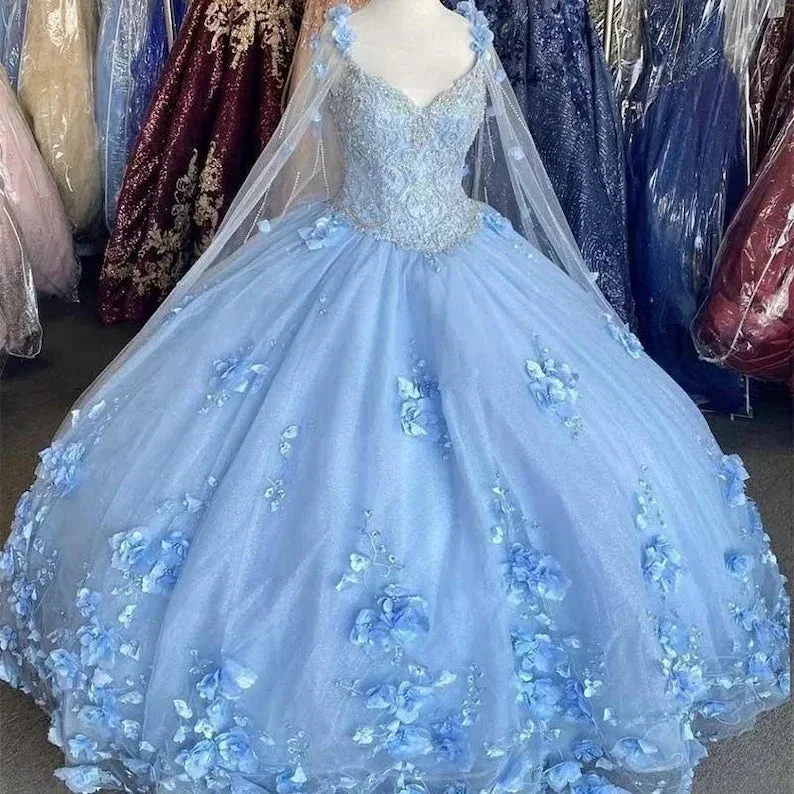 Light Blue Quinceanera Dresses Flowers Ball Gown Off Shoulder Lace Appliques 3d Floral Crystal Beads Long Sleeves Sweet 16 Dress Y759 - Image 4