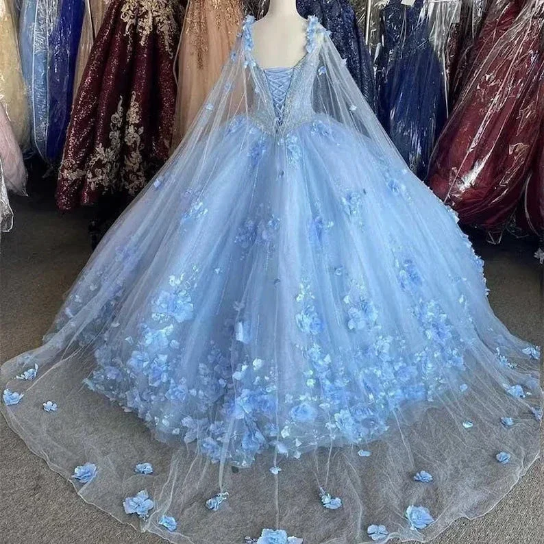Light Blue Quinceanera Dresses Flowers Ball Gown Off Shoulder Lace Appliques 3d Floral Crystal Beads Long Sleeves Sweet 16 Dress Y759 - Image 5
