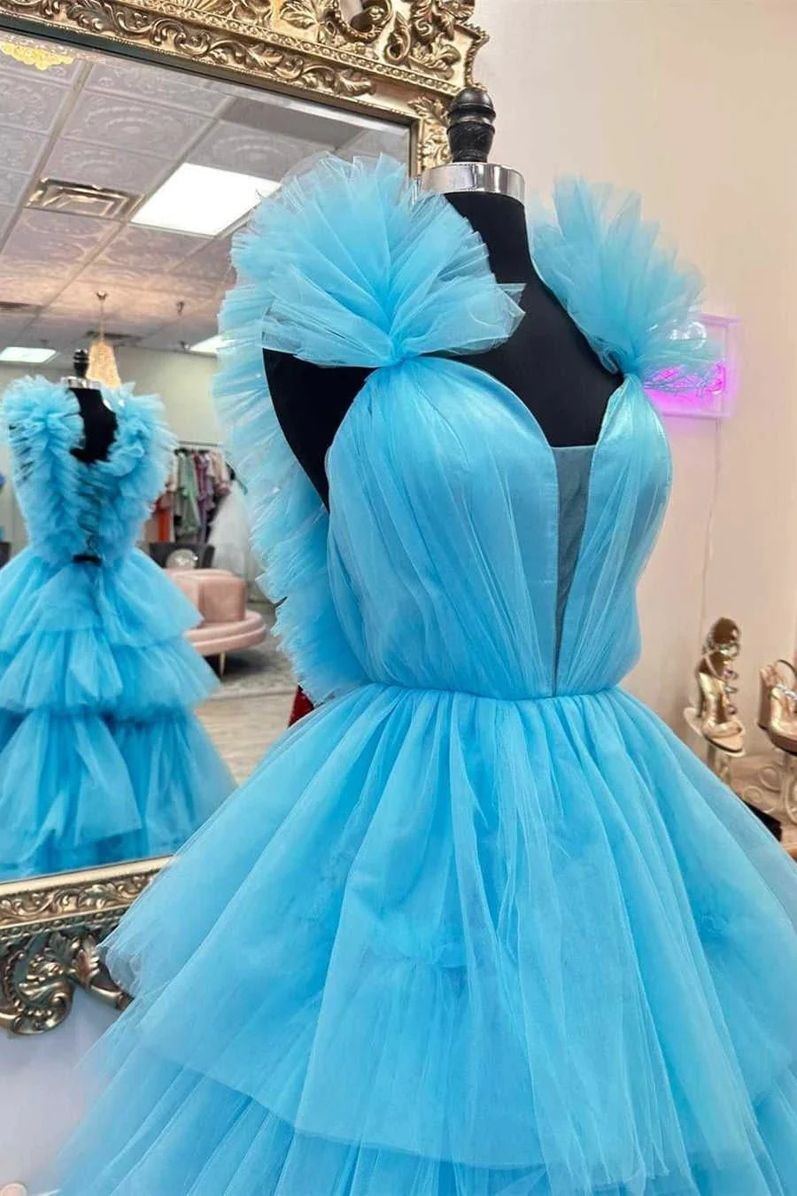 Bernice | Light Blue Ruffle Straps A-Line Tiered Prom Dress - Image 2