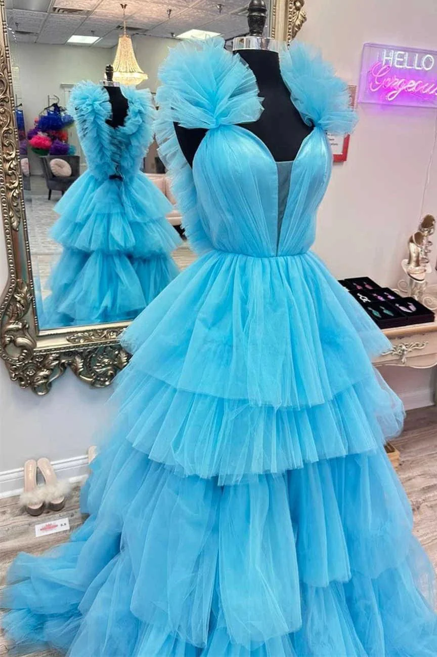 Bernice | Light Blue Ruffle Straps A-Line Tiered Prom Dress - Image 3