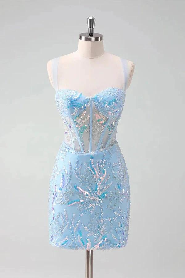 Light Blue Sequined Embroidery Tight Corset Homecoming Dress PD562 - Image 3