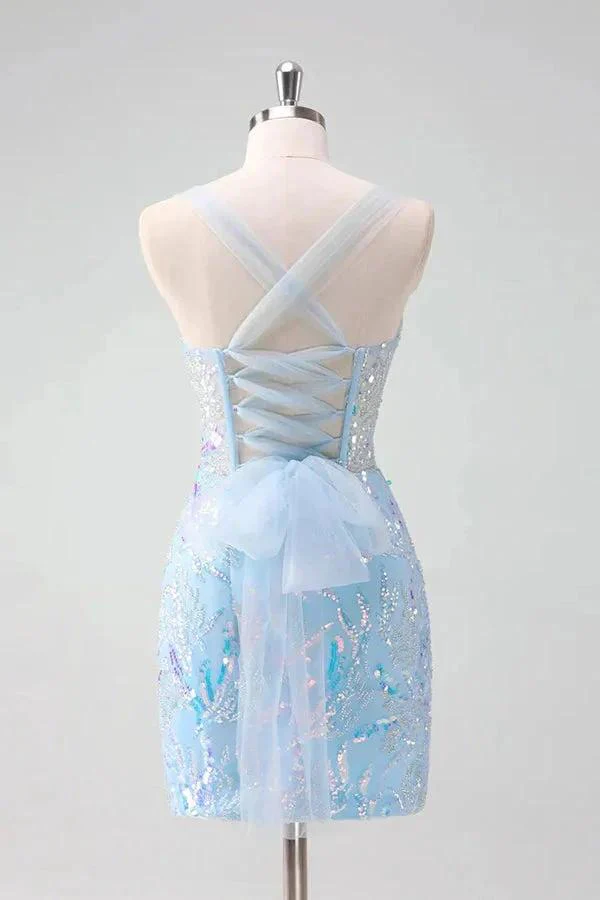 Light Blue Sequined Embroidery Tight Corset Homecoming Dress PD562 - Image 4