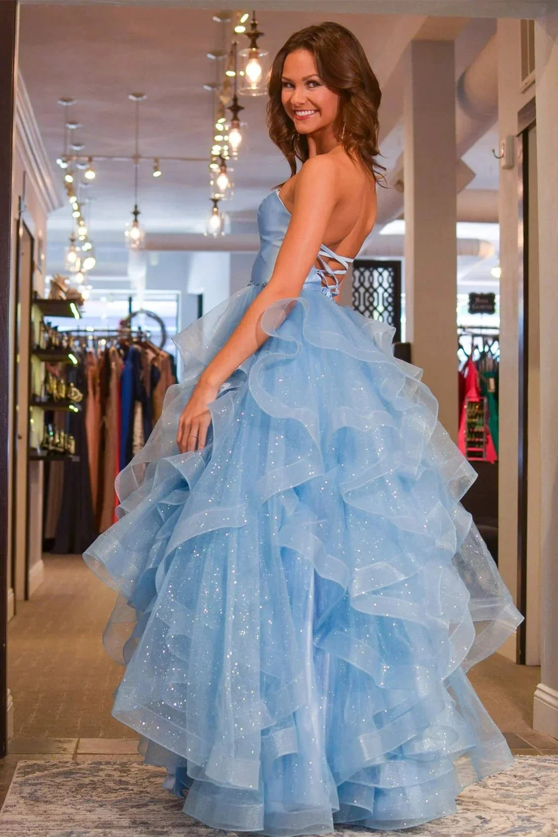 Lylah |Princess Strapless Satin Glitter Tulle Prom Dress - Image 2